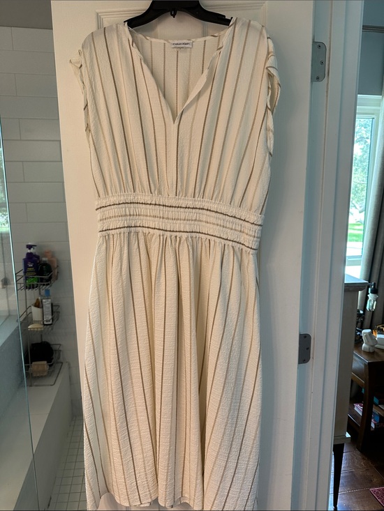 Calvin Klein Dresses & Skirts - Calvin Klein Cream Midi Dress with Tan Pinstripes